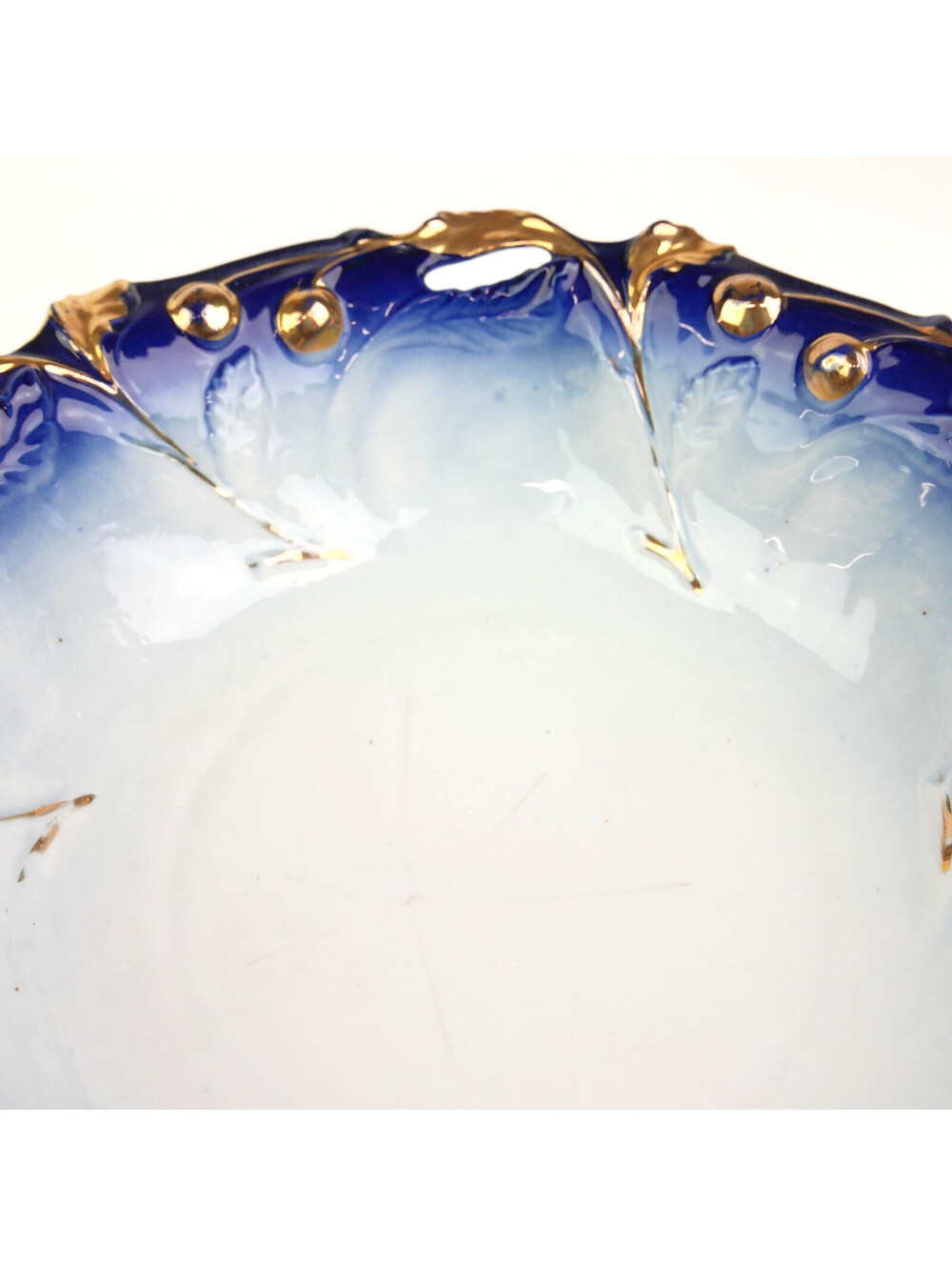 Antique Flow Blue Porcelain Bowl 10.4" Gold Gilt Embossed Cherries Openwork Rim - Picture 12 of 12